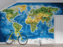 Load image into Gallery viewer, Illustrated Kids World Map Mural – Peel and Stick Educational Wallpaper – Geography Wall Art for Boys Room, Classroom or Homeschool Decor