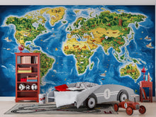 Load image into Gallery viewer, Illustrated Kids World Map Mural – Peel and Stick Educational Wallpaper – Geography Wall Art for Boys Room, Classroom or Homeschool Decor