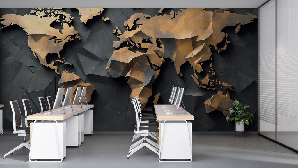 3D Geometric World Map Wall Mural – Modern Peel and Stick Wallpaper – Metallic Gold and Black Office Decor, Removable Travel Wall Art