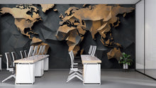 Load image into Gallery viewer, 3D Geometric World Map Wall Mural – Modern Peel and Stick Wallpaper – Metallic Gold and Black Office Decor, Removable Travel Wall Art