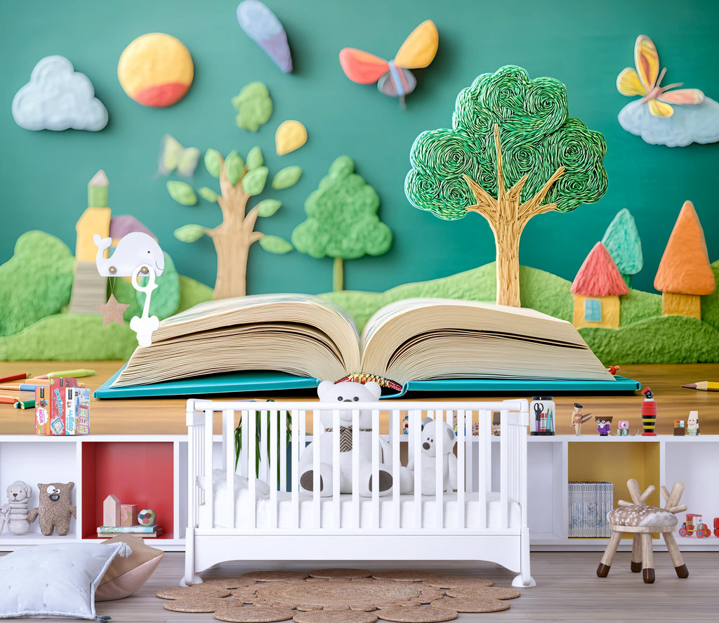 Open Book Wall Mural for Kids – Storybook Peel and Stick Wallpaper – Reading Corner or Nursery Decor, Removable Educational Mural