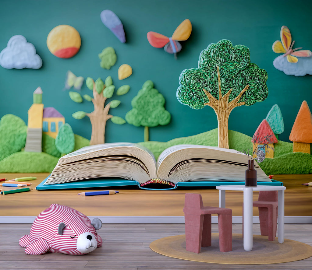 Open Book Wall Mural for Kids – Storybook Peel and Stick Wallpaper – Reading Corner or Nursery Decor, Removable Educational Mural