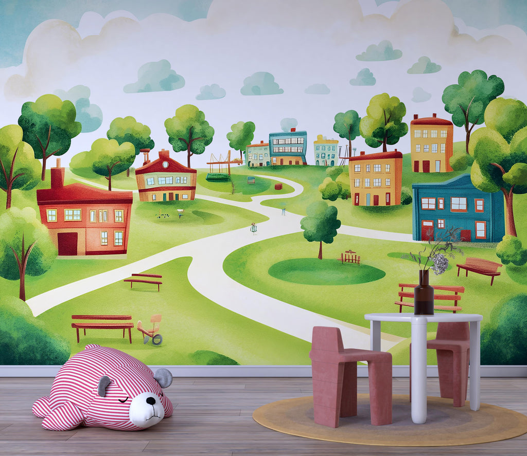 Whimsical Village Wall Mural for Kids – Peel and Stick Wallpaper for Playroom or Nursery – Colorful Town Scene, Removable Mural
