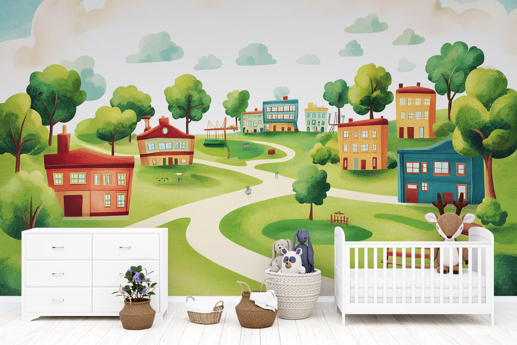 Whimsical Village Wall Mural for Kids – Peel and Stick Wallpaper for Playroom or Nursery – Colorful Town Scene, Removable Mural