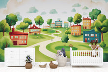 Load image into Gallery viewer, Whimsical Village Wall Mural for Kids – Peel and Stick Wallpaper for Playroom or Nursery – Colorful Town Scene, Removable Mural