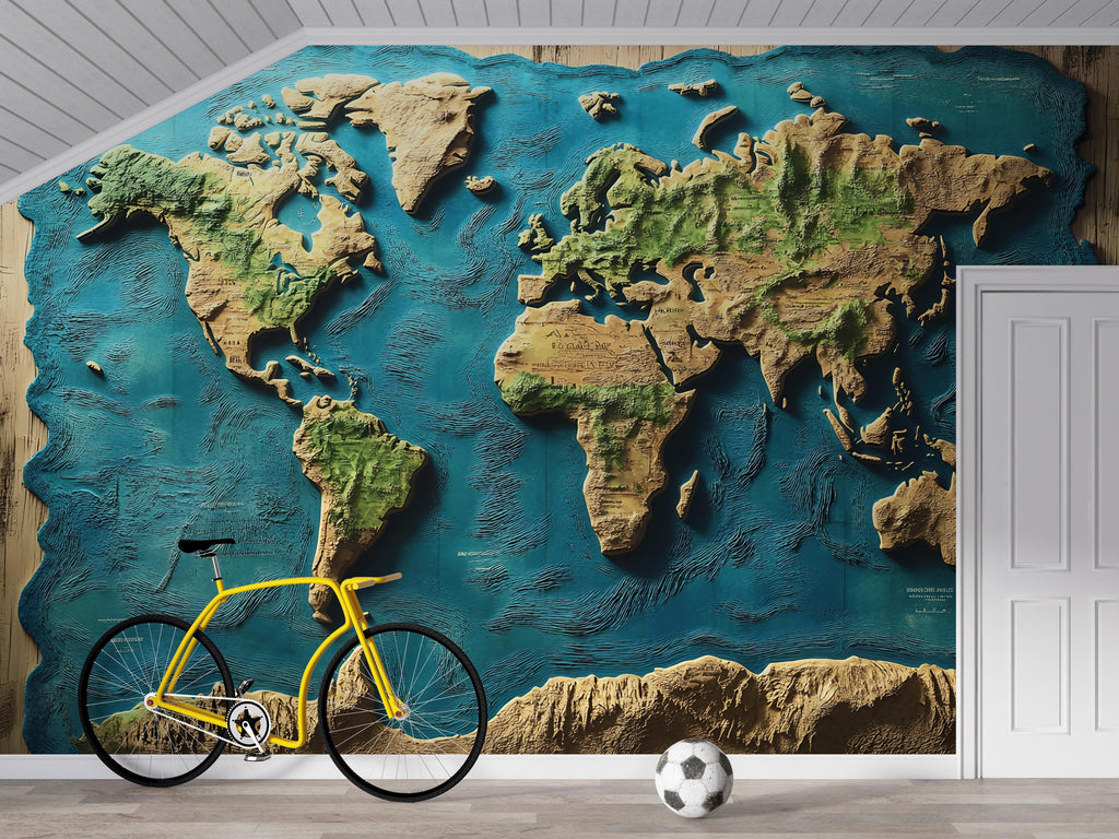 3D World Map Wall Mural for Office or Study Room – Topographic Earth Wallpaper, Textured Globe Art, Large Vintage Map Wall Decor