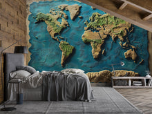 Load image into Gallery viewer, 3D World Map Wall Mural for Office or Study Room – Topographic Earth Wallpaper, Textured Globe Art, Large Vintage Map Wall Decor