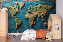 Load image into Gallery viewer, 3D World Map Wall Mural for Office or Study Room – Topographic Earth Wallpaper, Textured Globe Art, Large Vintage Map Wall Decor