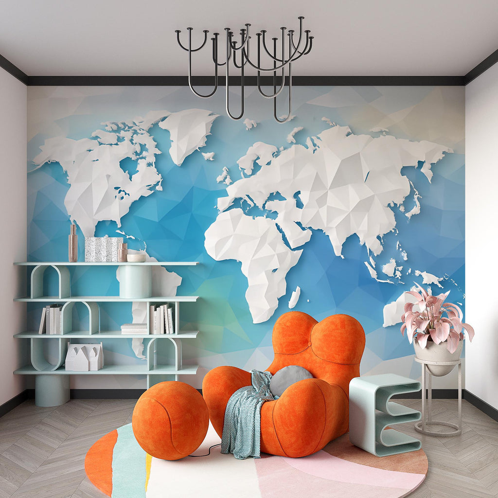 3D Polygon World Map Wall Mural – Blue Geometric Wallpaper for Kids Room or Study, Modern Earth Map Art, Educational Wall Decor