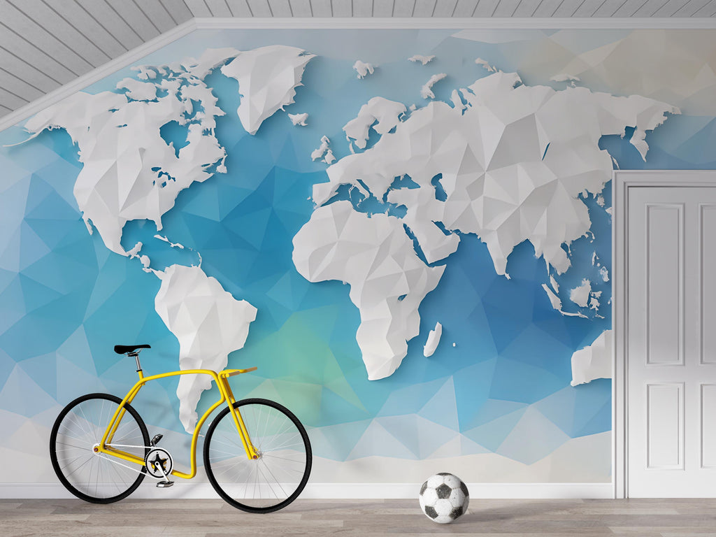 3D Polygon World Map Wall Mural – Blue Geometric Wallpaper for Kids Room or Study, Modern Earth Map Art, Educational Wall Decor