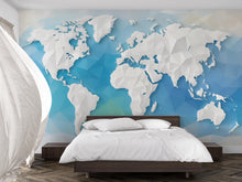 Load image into Gallery viewer, 3D Polygon World Map Wall Mural – Blue Geometric Wallpaper for Kids Room or Study, Modern Earth Map Art, Educational Wall Decor