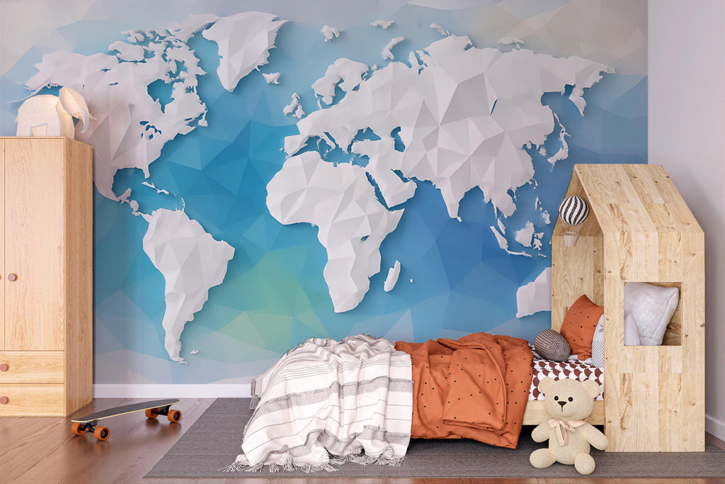 3D Polygon World Map Wall Mural – Blue Geometric Wallpaper for Kids Room or Study, Modern Earth Map Art, Educational Wall Decor