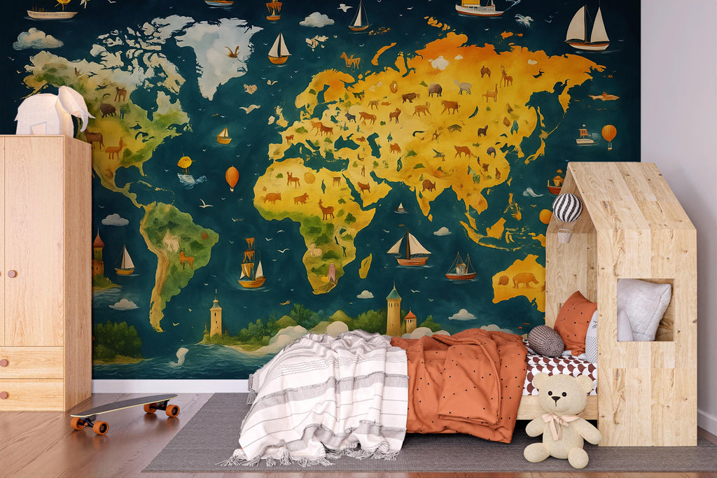Colorful Animal World Map Mural for Kids Room – Illustrated Educational Wallpaper for Boys & Girls – Removable Peel and Stick