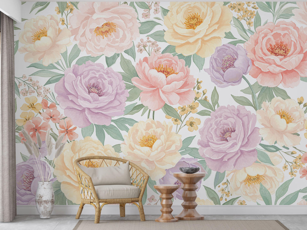 Pastel Peony Wallpaper Mural – Hand-Painted Watercolor Spring Garden Wall Art Full Bloom Floral Wall Decor for Bedroom Event Backdrop 737RS