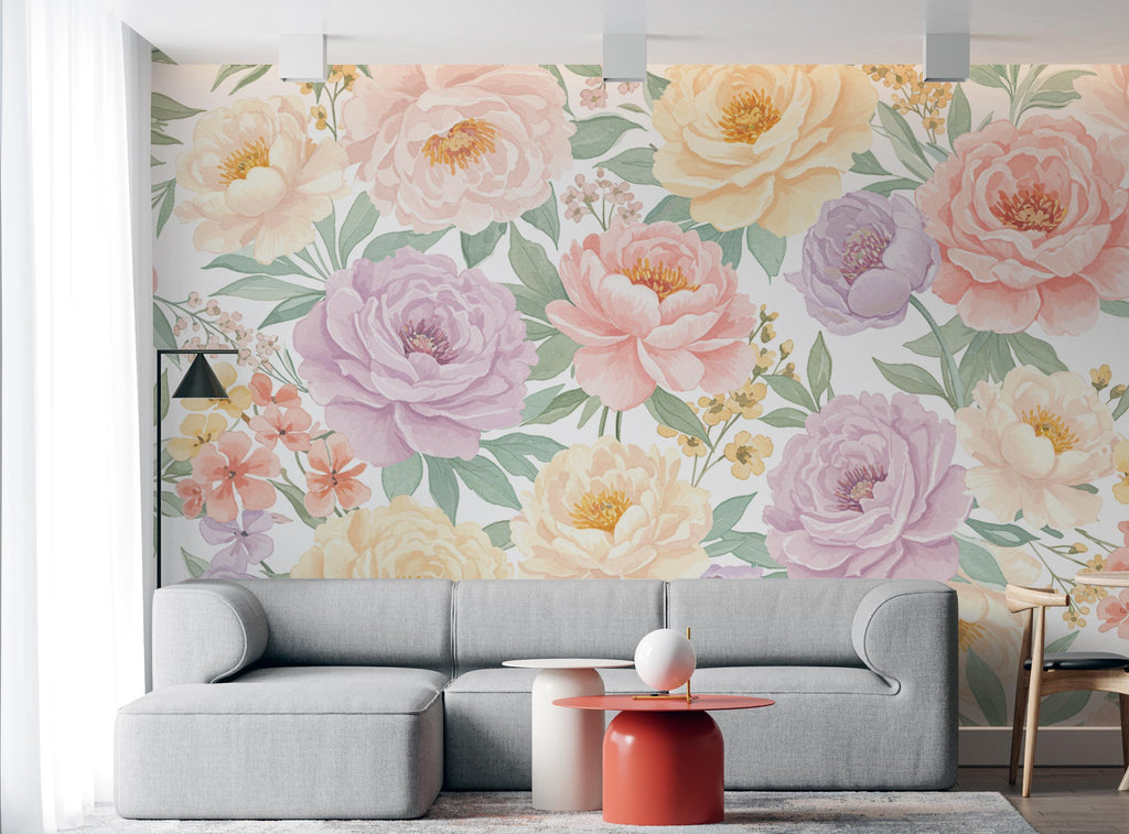 Pastel Peony Wallpaper Mural – Hand-Painted Watercolor Spring Garden Wall Art Full Bloom Floral Wall Decor for Bedroom Event Backdrop 737RS