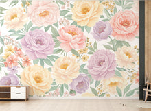 Load image into Gallery viewer, Pastel Peony Wallpaper Mural – Hand-Painted Watercolor Spring Garden Wall Art Full Bloom Floral Wall Decor for Bedroom Event Backdrop 737RS