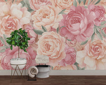 Load image into Gallery viewer, Pastel Peony Wallpaper Mural – Hand-Painted Watercolor Spring Garden Wall Art Full Bloom Floral Wall Decor for Bedroom Event Backdrop 738RS