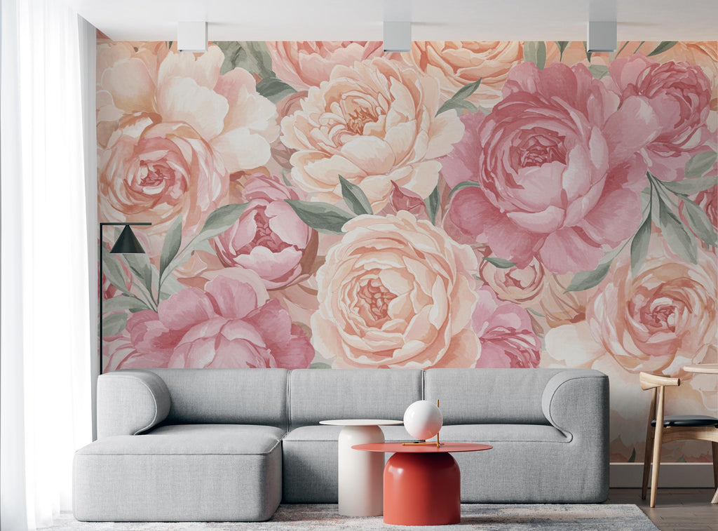 Pastel Peony Wallpaper Mural – Hand-Painted Watercolor Spring Garden Wall Art Full Bloom Floral Wall Decor for Bedroom Event Backdrop 738RS