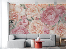 Load image into Gallery viewer, Pastel Peony Wallpaper Mural – Hand-Painted Watercolor Spring Garden Wall Art Full Bloom Floral Wall Decor for Bedroom Event Backdrop 738RS