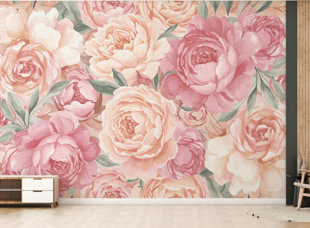 Pastel Peony Wallpaper Mural – Hand-Painted Watercolor Spring Garden Wall Art Full Bloom Floral Wall Decor for Bedroom Event Backdrop 738RS