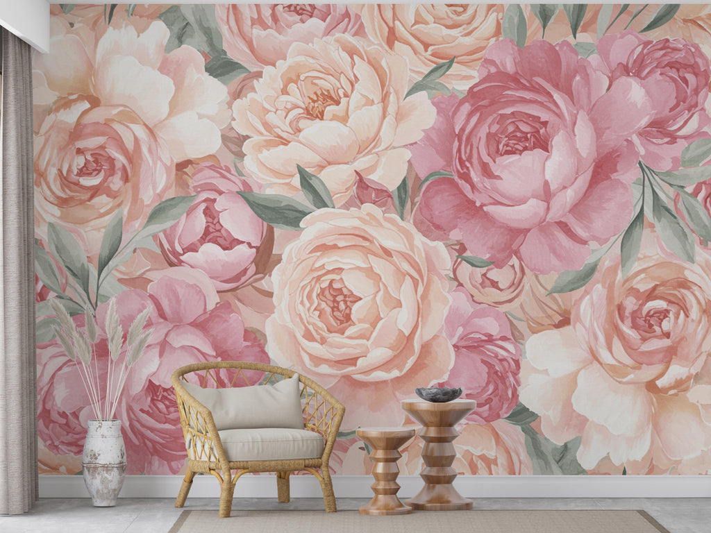 Pastel Peony Wallpaper Mural – Hand-Painted Watercolor Spring Garden Wall Art Full Bloom Floral Wall Decor for Bedroom Event Backdrop 738RS