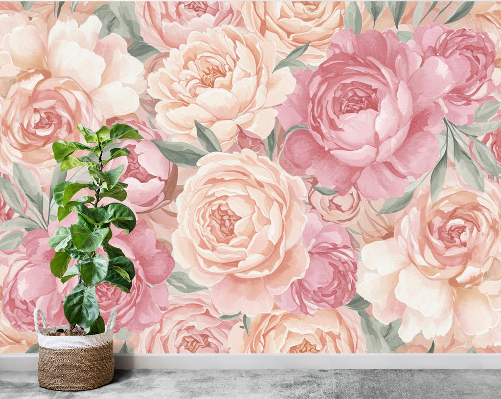 Pastel Peony Wallpaper Mural – Hand-Painted Watercolor Spring Garden Wall Art Full Bloom Floral Wall Decor for Bedroom Event Backdrop 738RS