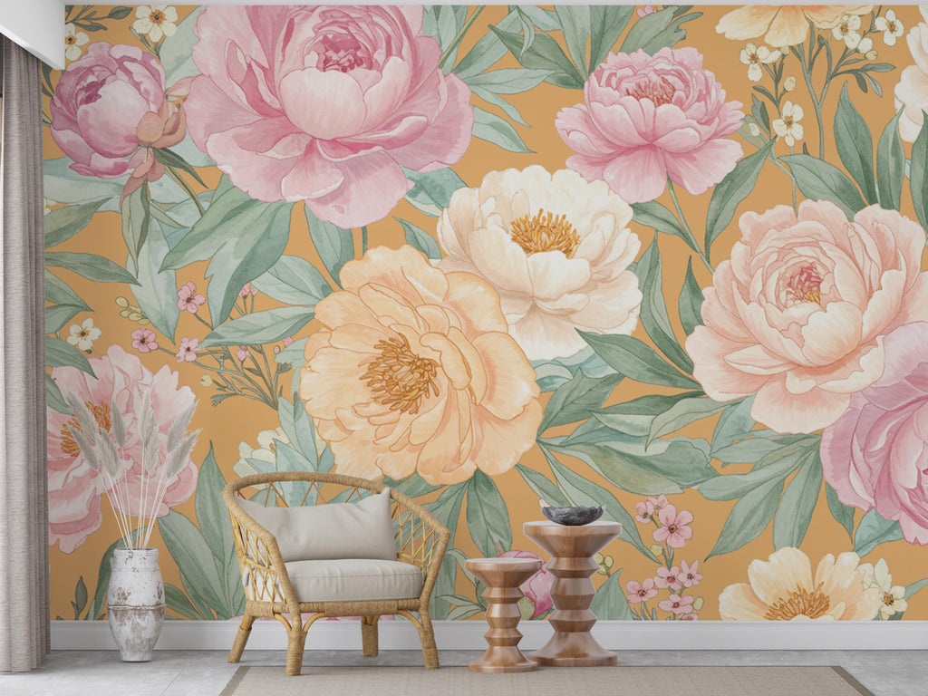 Pastel Peony Wallpaper Mural – Hand-Painted Watercolor Spring Garden Wall Art Full Bloom Floral Wall Decor for Bedroom Event Backdrop 739RS