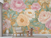 Load image into Gallery viewer, Pastel Peony Wallpaper Mural – Hand-Painted Watercolor Spring Garden Wall Art Full Bloom Floral Wall Decor for Bedroom Event Backdrop 739RS