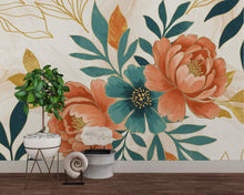 Load image into Gallery viewer, Peony Wallpaper – Abstract Floral Wall Mural with Acrylic Style Cutouts, Metallic Blue &amp; Teal Leaves, Gold Line Art White Background 740RS