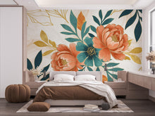 Load image into Gallery viewer, Peony Wallpaper – Abstract Floral Wall Mural with Acrylic Style Cutouts, Metallic Blue &amp; Teal Leaves, Gold Line Art White Background 740RS