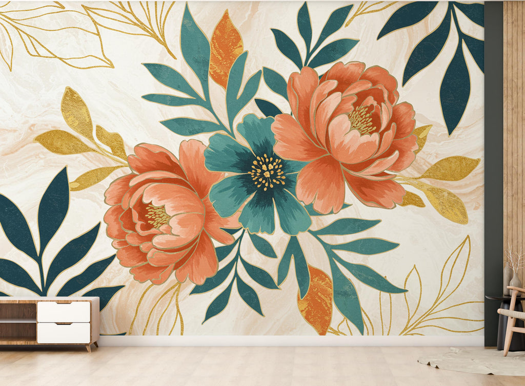 Peony Wallpaper – Abstract Floral Wall Mural with Acrylic Style Cutouts, Metallic Blue & Teal Leaves, Gold Line Art White Background 740RS