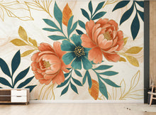Load image into Gallery viewer, Peony Wallpaper – Abstract Floral Wall Mural with Acrylic Style Cutouts, Metallic Blue &amp; Teal Leaves, Gold Line Art White Background 740RS