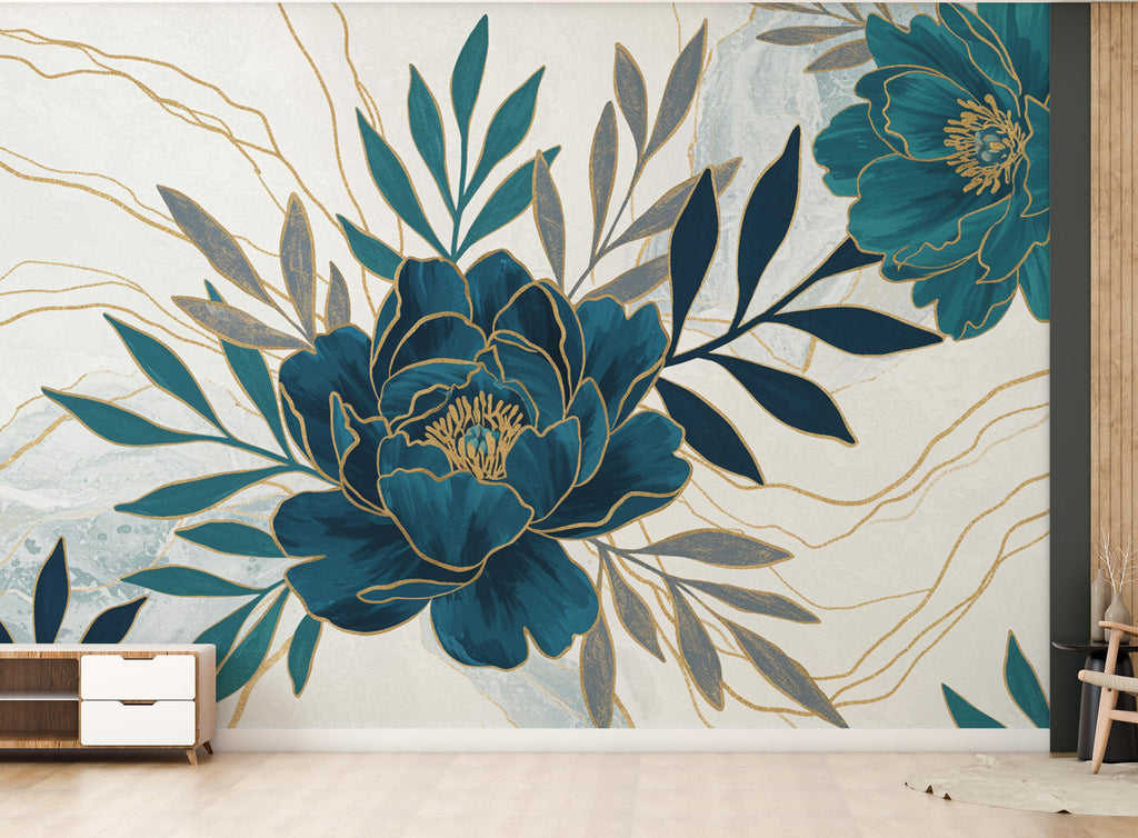 Peony Wallpaper – Abstract Floral Wall Mural with Acrylic Style Cutouts, Metallic Blue & Teal Leaves, Gold Line Art White Background 741RS