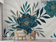 Load image into Gallery viewer, Peony Wallpaper – Abstract Floral Wall Mural with Acrylic Style Cutouts, Metallic Blue &amp; Teal Leaves, Gold Line Art White Background 741RS