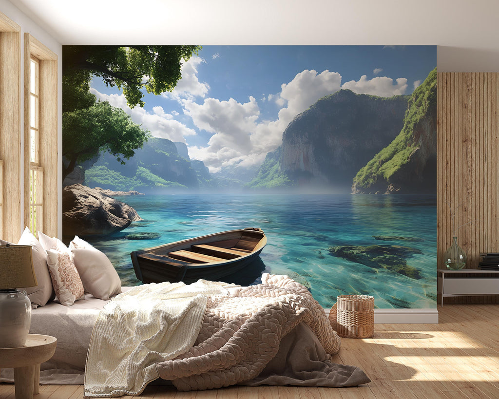 3D Coastal Boat Bedroom Mural - Modern Tranquil Wall Art - Serene Nature Decor - Stylish Gift for Birthday or Holidays
