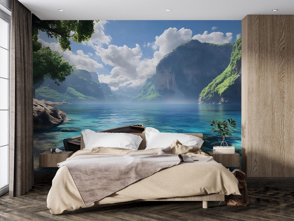3D Coastal Boat Bedroom Mural - Modern Tranquil Wall Art - Serene Nature Decor - Stylish Gift for Birthday or Holidays