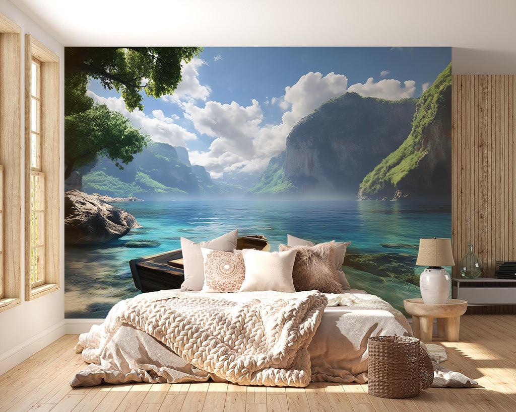 3D Coastal Boat Bedroom Mural - Modern Tranquil Wall Art - Serene Nature Decor - Stylish Gift for Birthday or Holidays