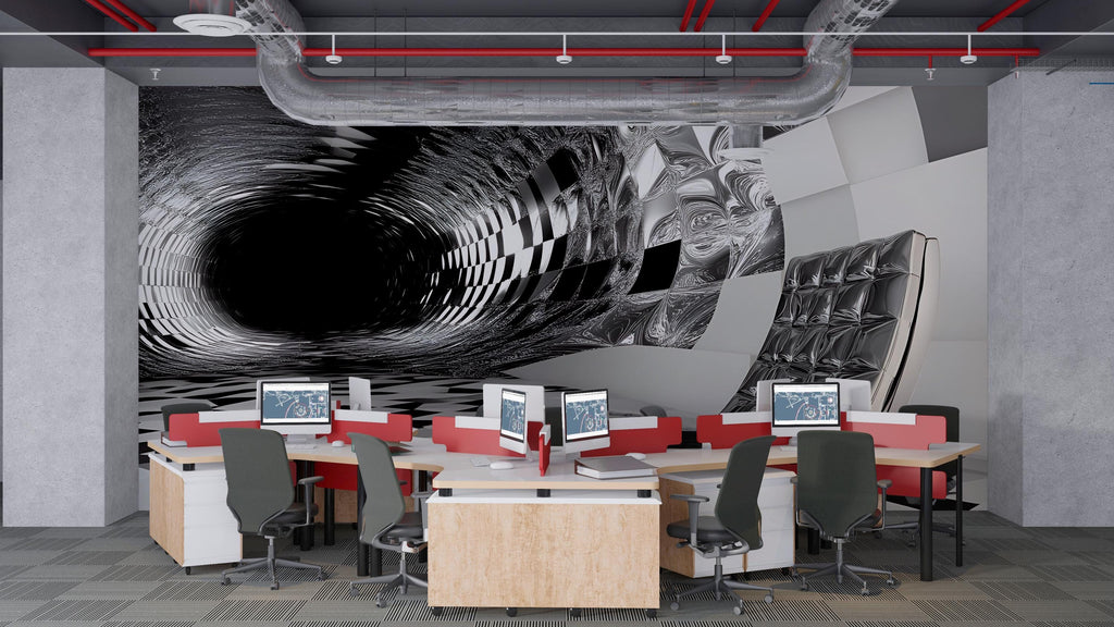 3D Black and White Tunnel Mural - Modern Abstract Office Decor - Stylish Wall Art for Creative Spaces - Unique Birthday or Holiday Gift