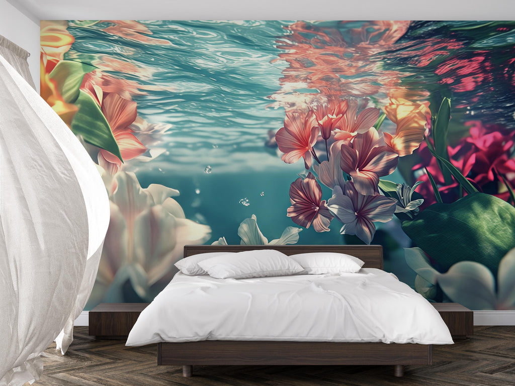 3D Underwater Floral Bedroom Mural - Modern Blooming Wall Art - Serene Nature-Inspired Decor - Stylish Gift for Birthdays or Holidays