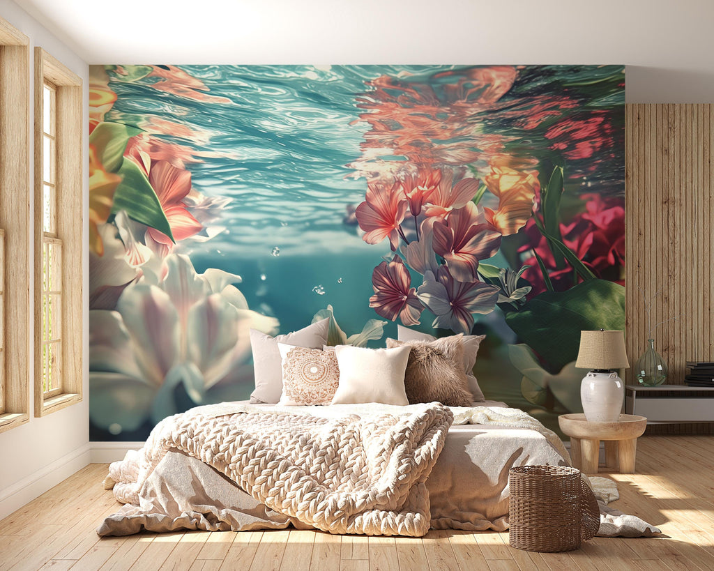 3D Underwater Floral Bedroom Mural - Modern Blooming Wall Art - Serene Nature-Inspired Decor - Stylish Gift for Birthdays or Holidays