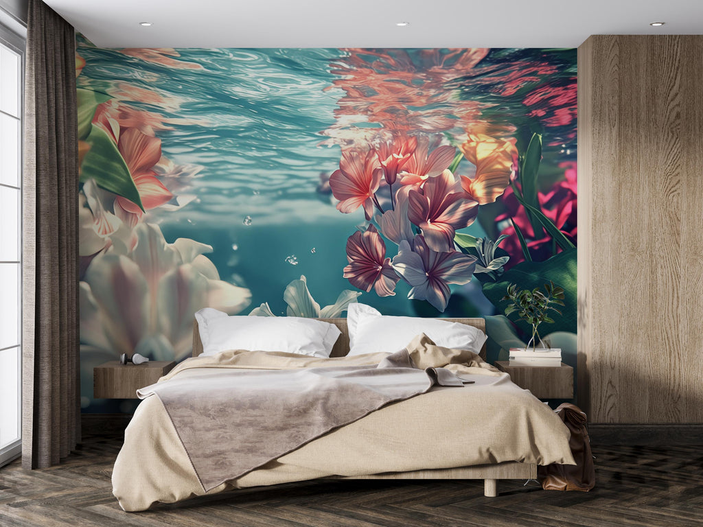 3D Underwater Floral Bedroom Mural - Modern Blooming Wall Art - Serene Nature-Inspired Decor - Stylish Gift for Birthdays or Holidays