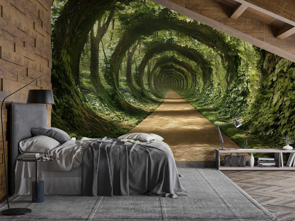 3D Forest Tunnel Bedroom Mural - Modern Nature Wall Art - Immersive Green Decor - Stylish Gift for Birthdays or Holidays