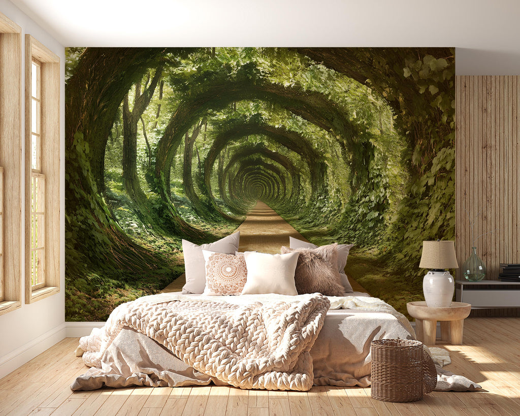 3D Forest Tunnel Bedroom Mural - Modern Nature Wall Art - Immersive Green Decor - Stylish Gift for Birthdays or Holidays