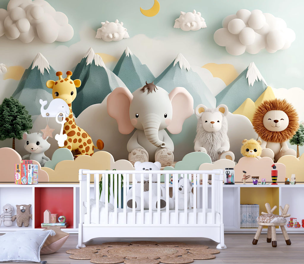 3D Jungle Safari Animal Nursery Wall Mural – Elephant, Giraffe, Lion Baby Room Wallpaper – Gender Neutral Kids Room Wall Art