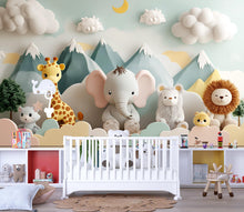 Load image into Gallery viewer, 3D Jungle Safari Animal Nursery Wall Mural – Elephant, Giraffe, Lion Baby Room Wallpaper – Gender Neutral Kids Room Wall Art