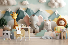 Load image into Gallery viewer, 3D Jungle Safari Animal Nursery Wall Mural – Elephant, Giraffe, Lion Baby Room Wallpaper – Gender Neutral Kids Room Wall Art