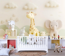 Load image into Gallery viewer, Neutral Safari Animal Nursery Wall Mural – Giraffe &amp; Elephant Baby Wallpaper – Gender Neutral Jungle Mural for Baby Room or Playroom