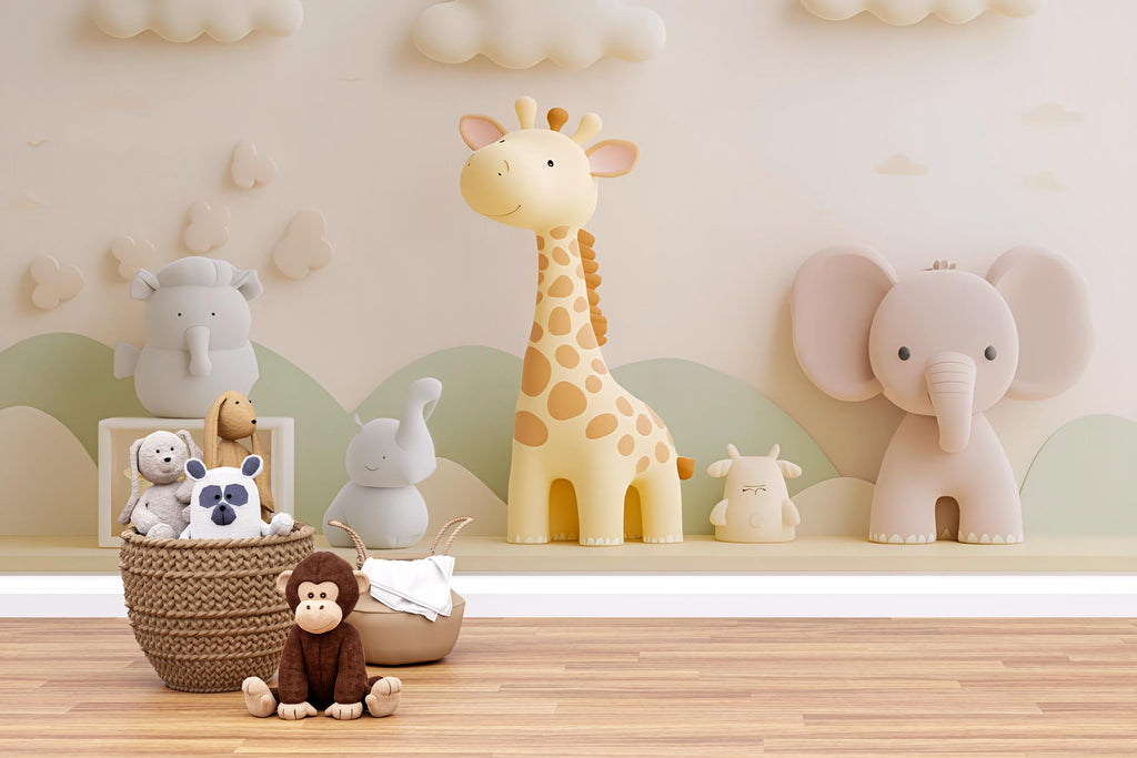 Neutral Safari Animal Nursery Wall Mural – Giraffe & Elephant Baby Wallpaper – Gender Neutral Jungle Mural for Baby Room or Playroom
