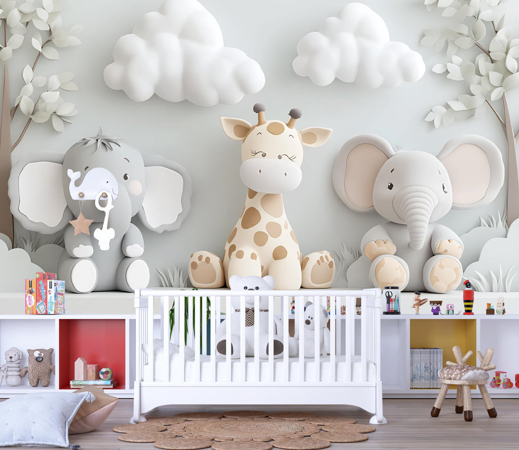 Neutral Safari Nursery Wall Mural – Giraffe and Elephant Wallpaper – Gender Neutral Animal Mural for Baby Room & Playroom Décor