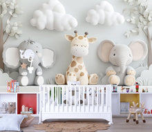 Load image into Gallery viewer, Neutral Safari Nursery Wall Mural – Giraffe and Elephant Wallpaper – Gender Neutral Animal Mural for Baby Room &amp; Playroom Décor